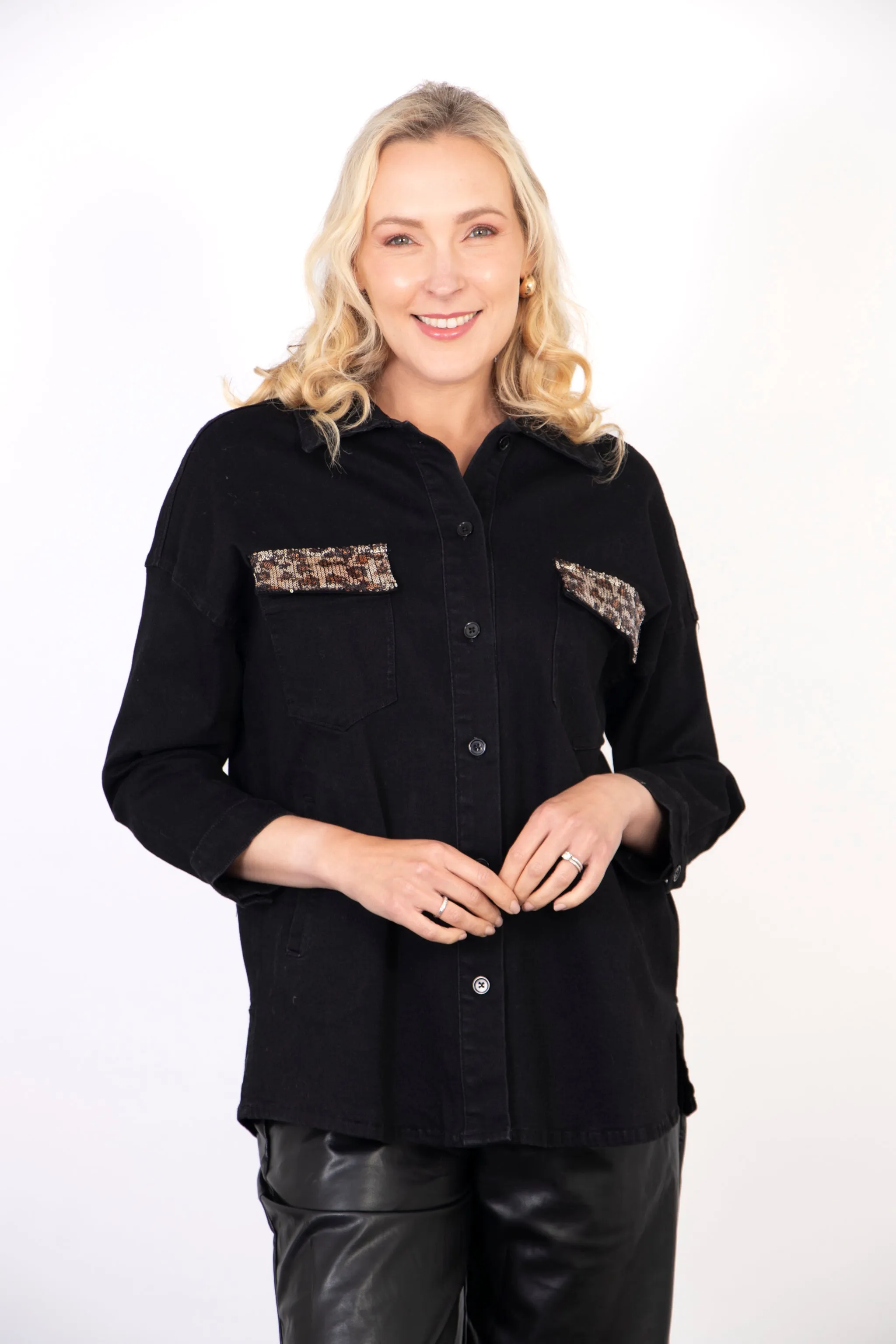 Billie Denim Shacket - Black, Leopard Sequin