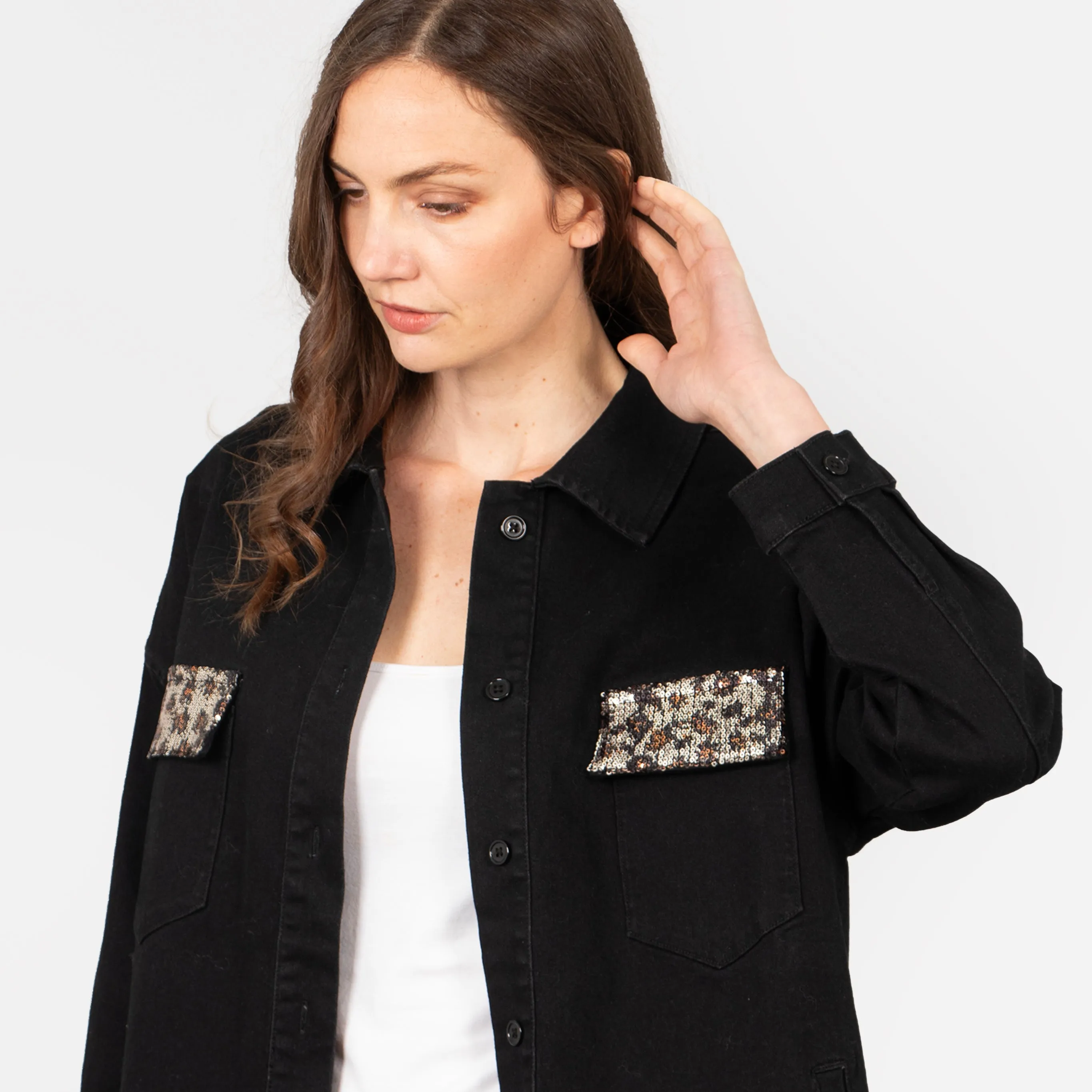 Billie Denim Shacket - Black, Leopard Sequin