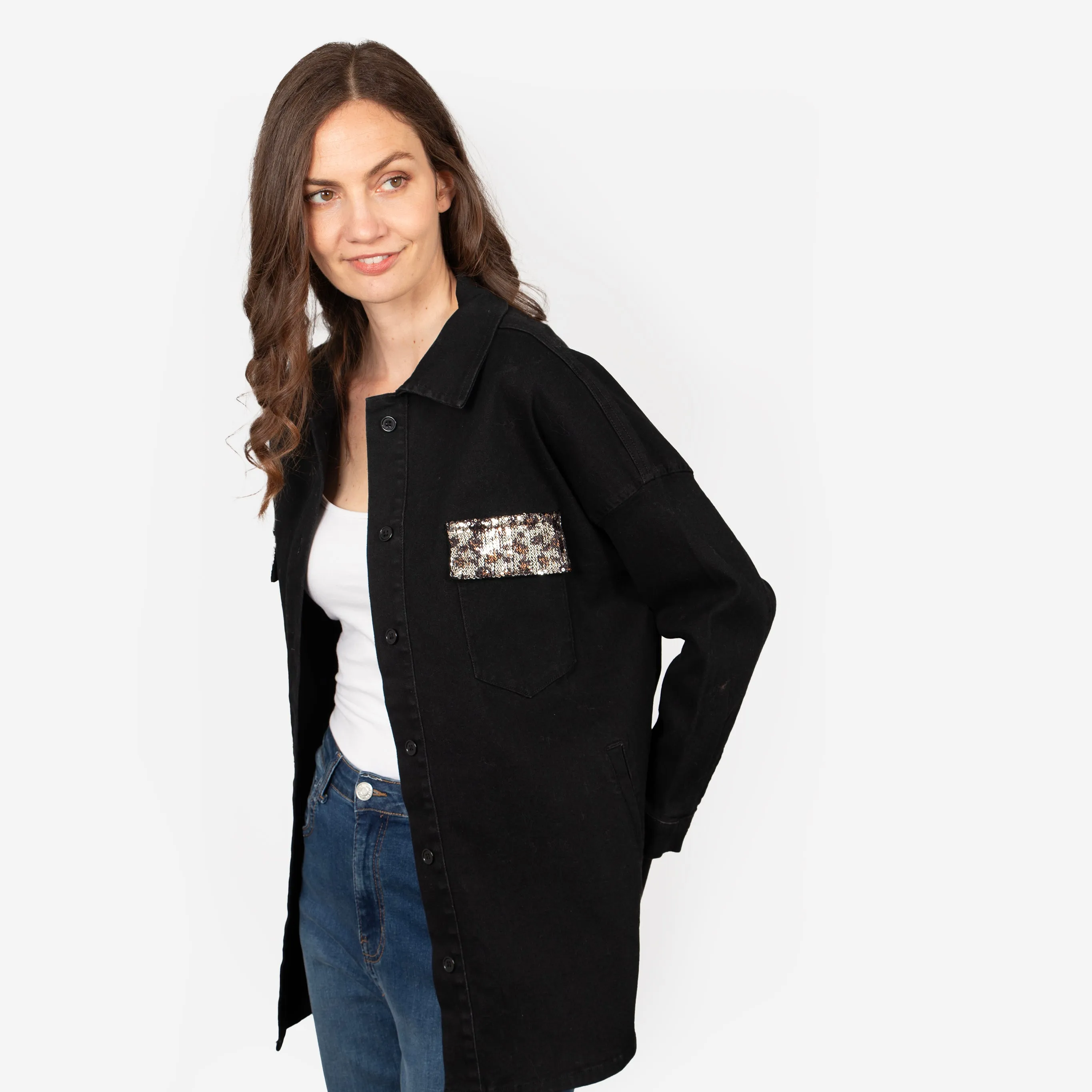 Billie Denim Shacket - Black, Leopard Sequin