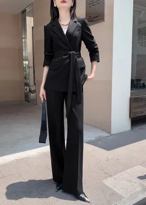 Black Double Breasted Blazer Wide Pants Suit Two-Piece Set