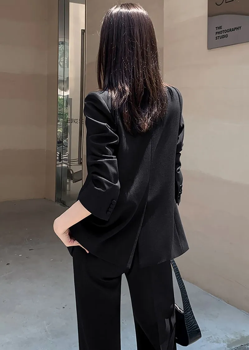 Black Double Breasted Blazer Wide Pants Suit Two-Piece Set