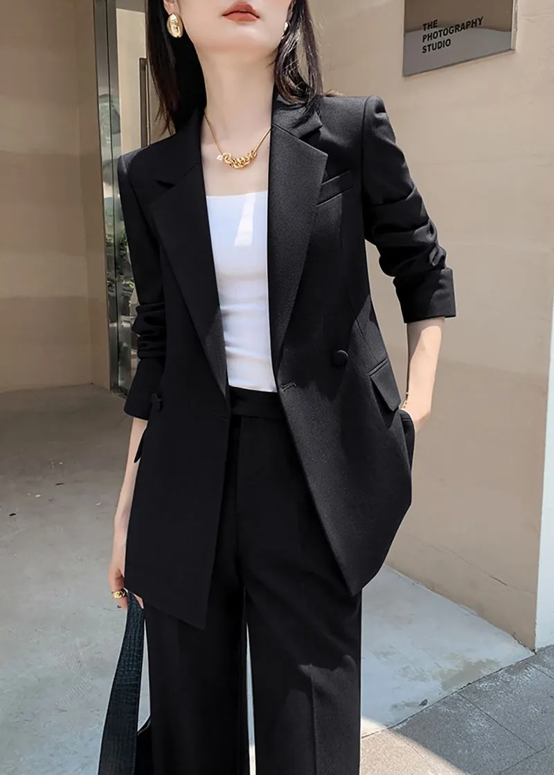 Black Double Breasted Blazer Wide Pants Suit Two-Piece Set