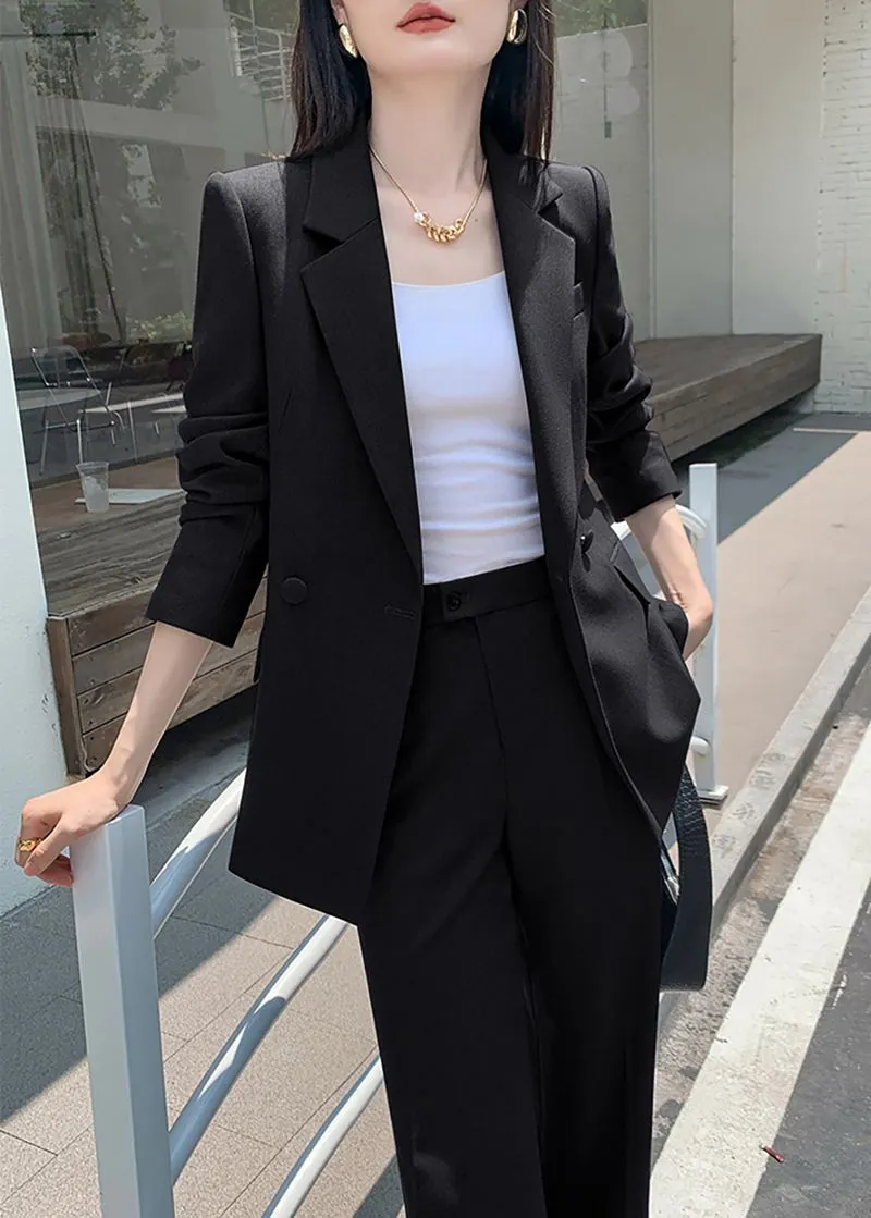 Black Double Breasted Blazer Wide Pants Suit Two-Piece Set