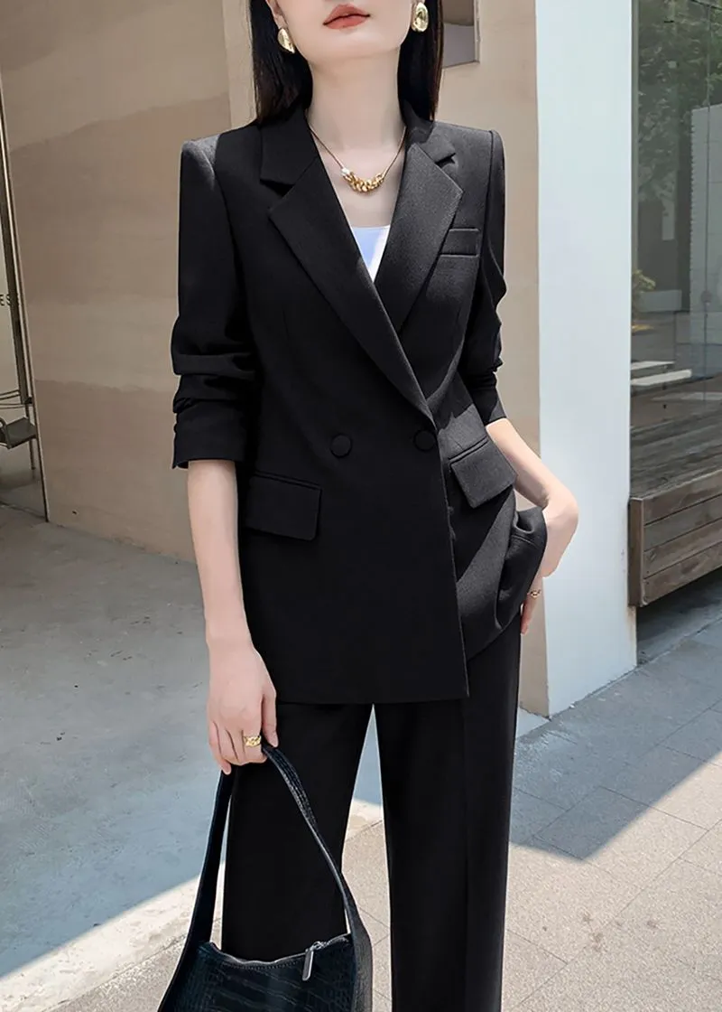 Black Double Breasted Blazer Wide Pants Suit Two-Piece Set