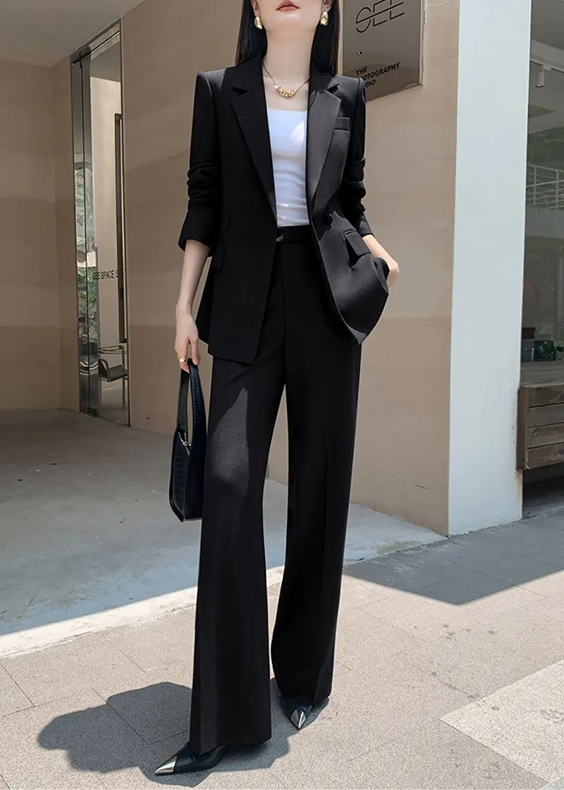 Black Double Breasted Blazer Wide Pants Suit Two-Piece Set