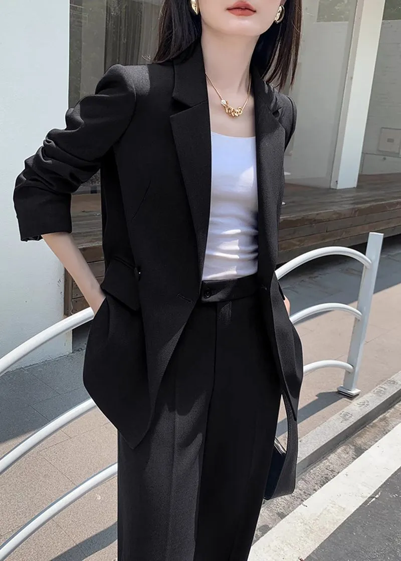 Black Double Breasted Blazer Wide Pants Suit Two-Piece Set