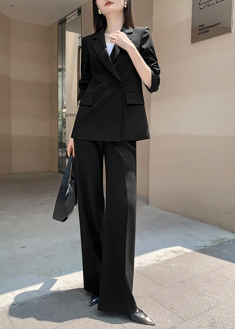 Black Double Breasted Blazer Wide Pants Suit Two-Piece Set