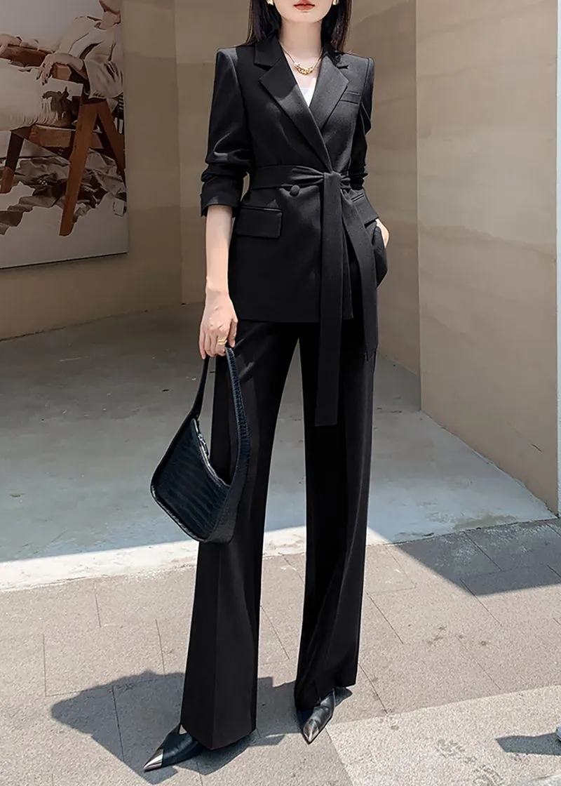 Black Double Breasted Blazer Wide Pants Suit Two-Piece Set