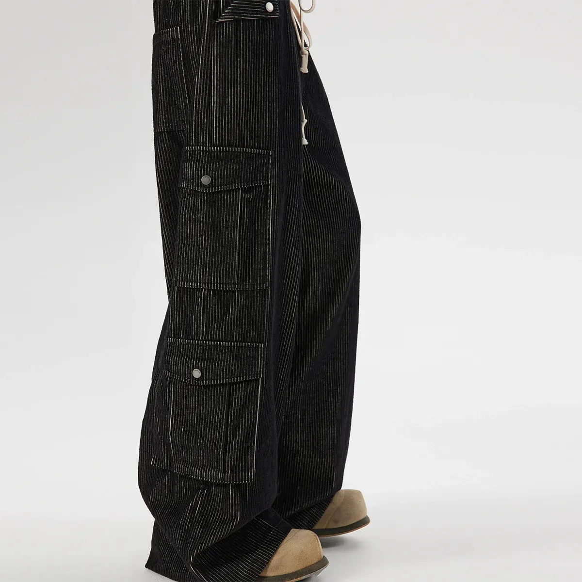 Black Pinstripe Corduroy Cargo Pants