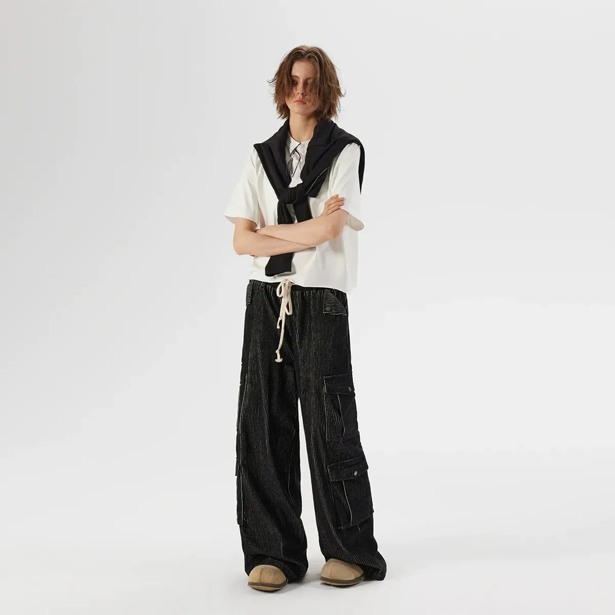 Black Pinstripe Corduroy Cargo Pants