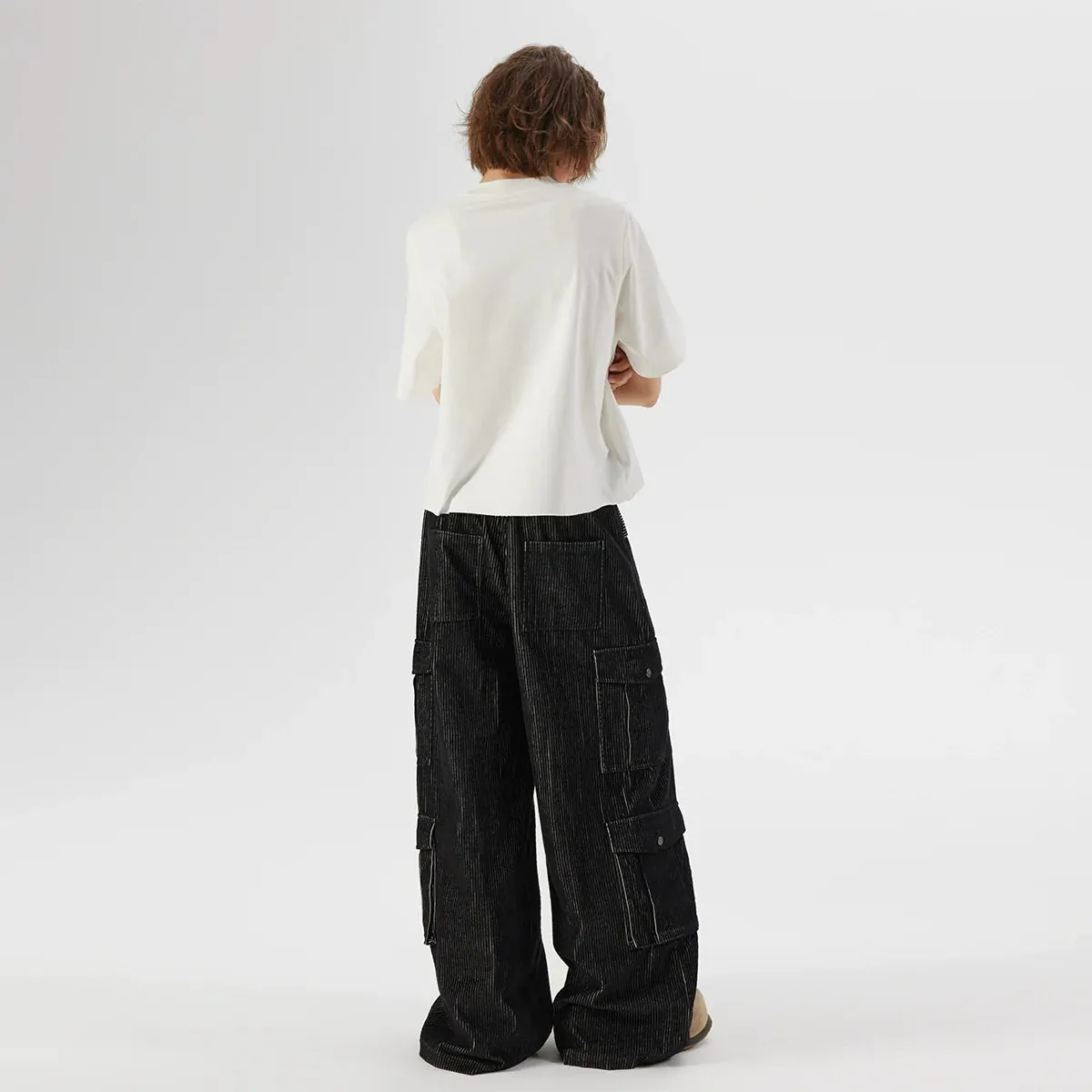 Black Pinstripe Corduroy Cargo Pants