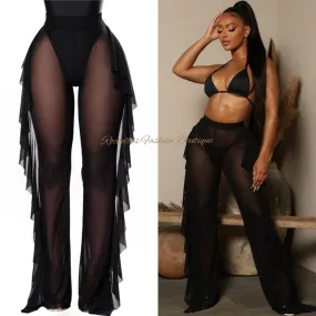 BLACK SHEER MESH RUFFLE SIDE BEACH PANTS