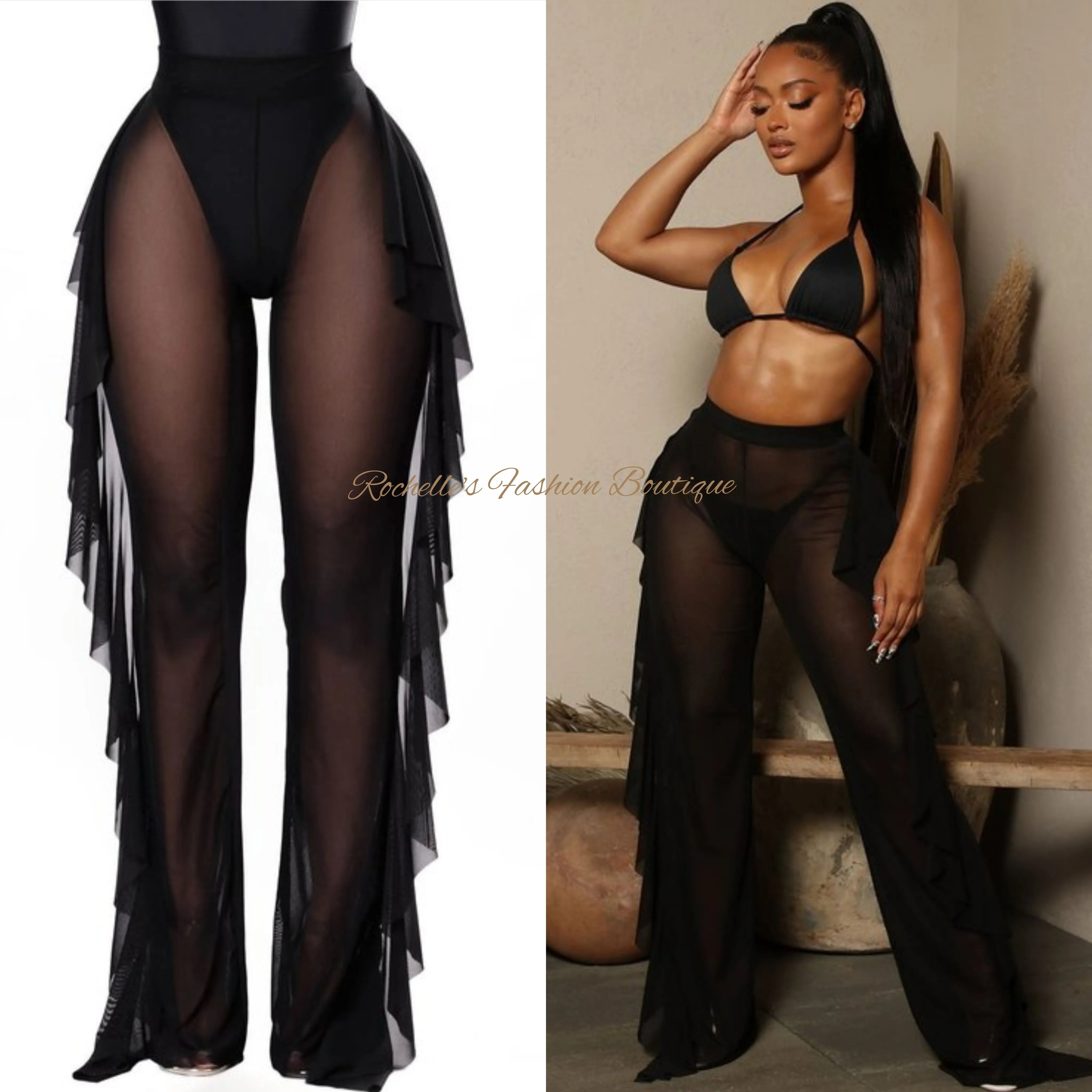 BLACK SHEER MESH RUFFLE SIDE BEACH PANTS