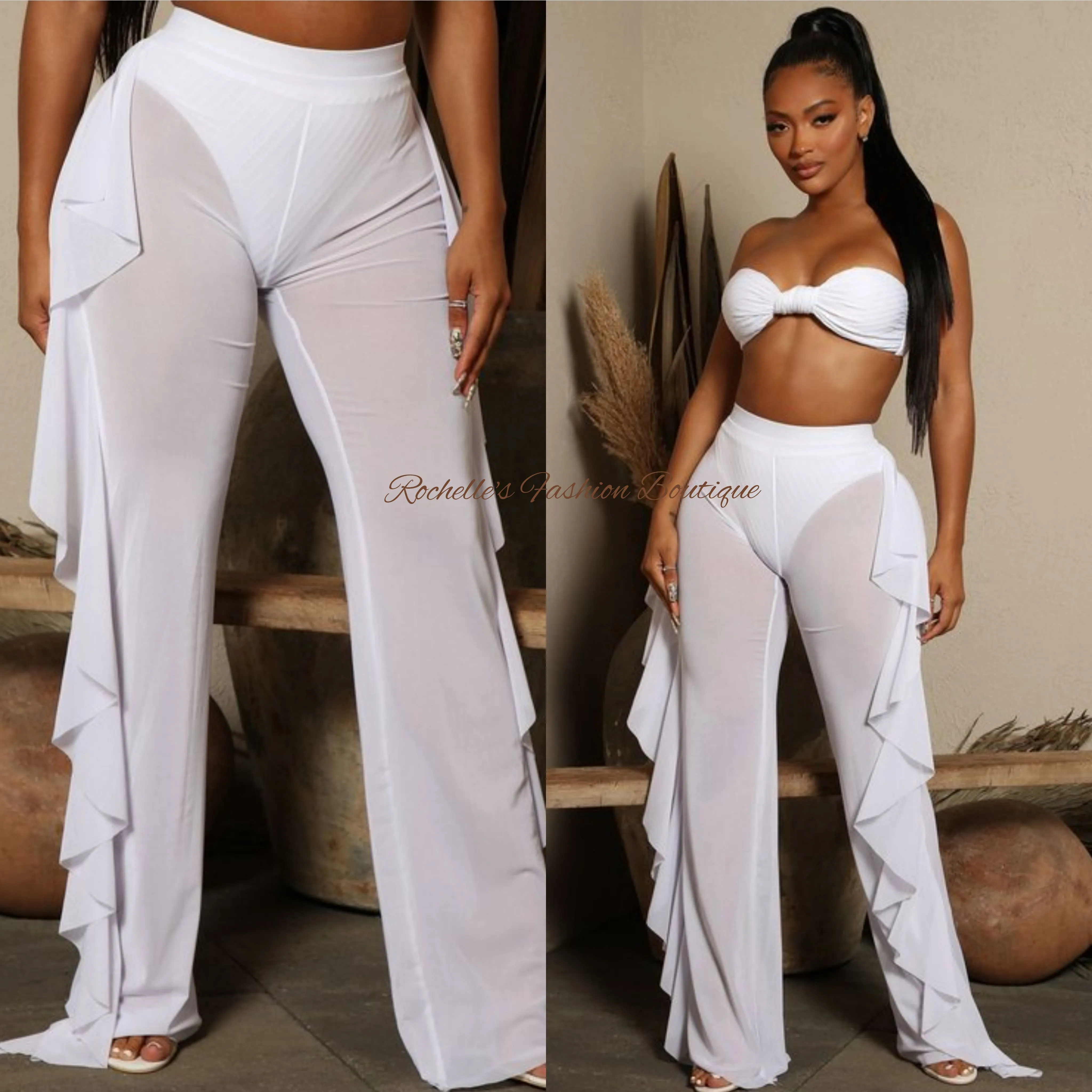 BLACK SHEER MESH RUFFLE SIDE BEACH PANTS