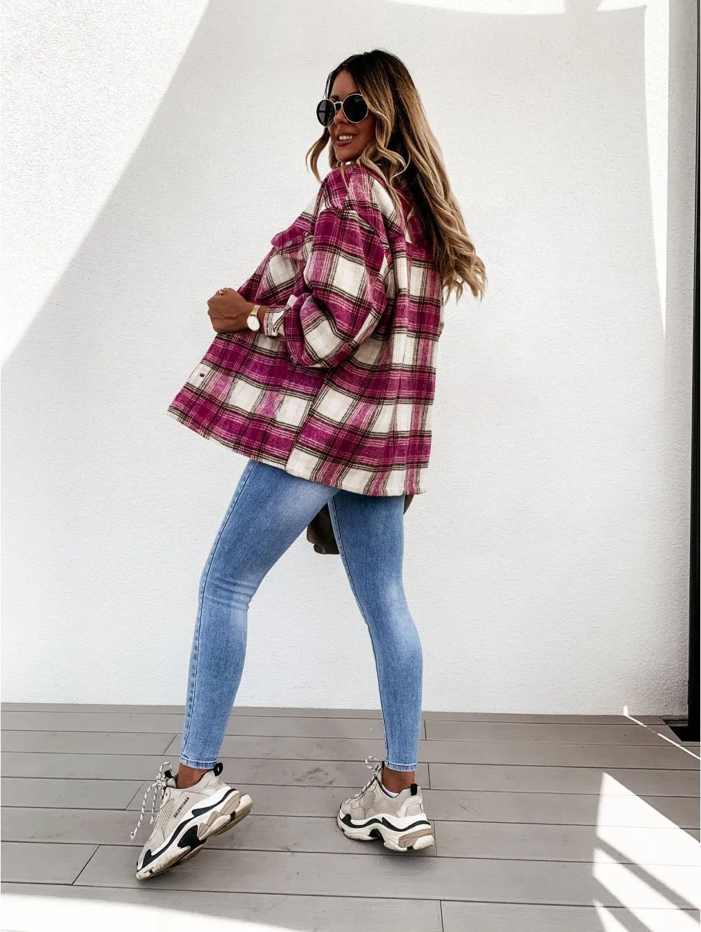 Blend Wool Brushed Plaid Pattern Shacket Collared Flannel Shirt Jacket