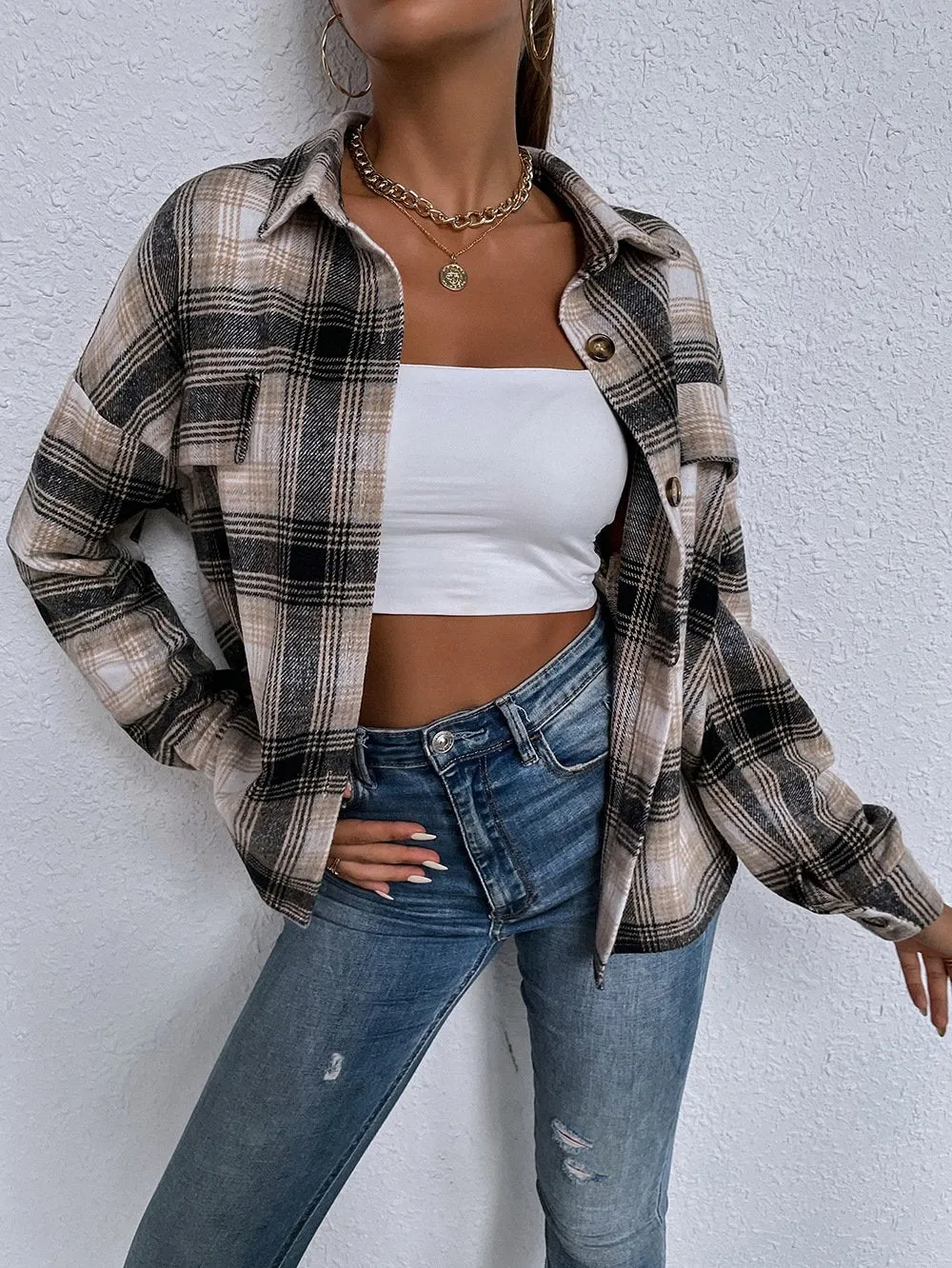 Blend Wool Brushed Plaid Pattern Shacket Collared Flannel Shirt Jacket