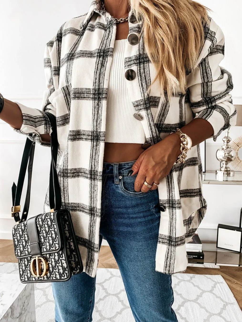 Blend Wool Brushed Plaid Pattern Shacket Collared Flannel Shirt Jacket