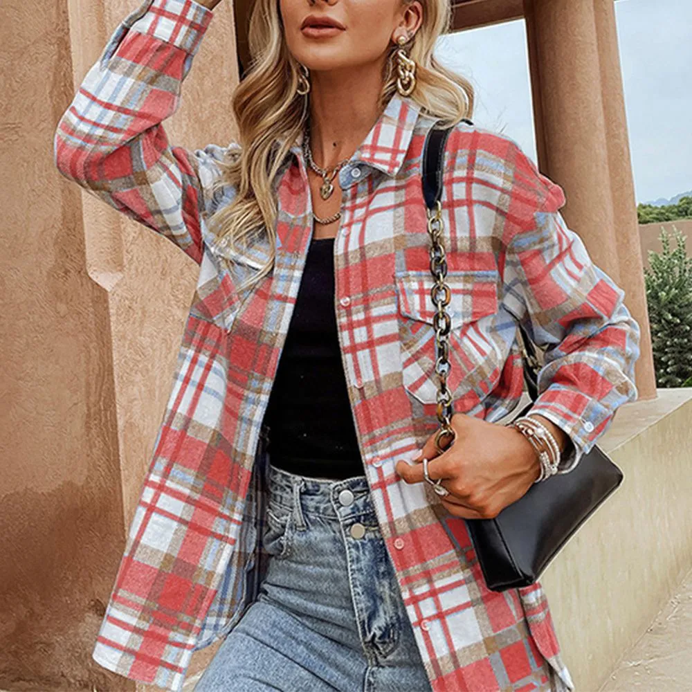 Blend Wool Brushed Plaid Pattern Shacket Collared Flannel Shirt Jacket