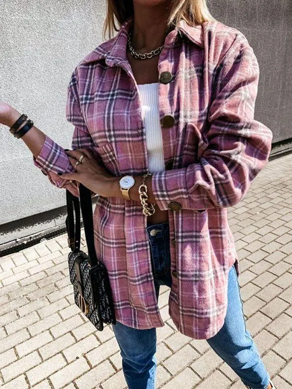 Blend Wool Brushed Plaid Pattern Shacket Collared Flannel Shirt Jacket