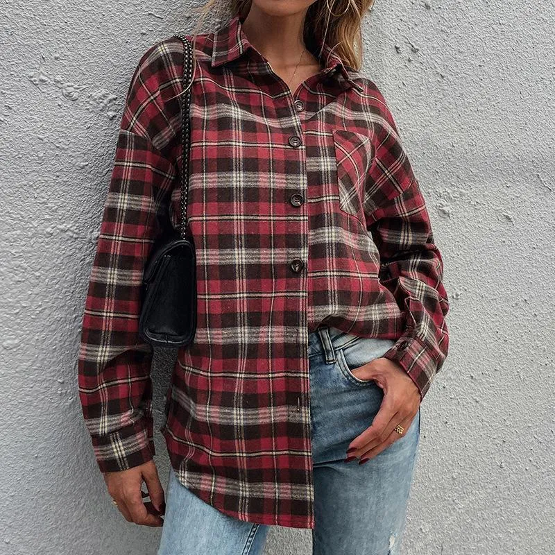 Blend Wool Brushed Plaid Pattern Shacket Collared Flannel Shirt Jacket