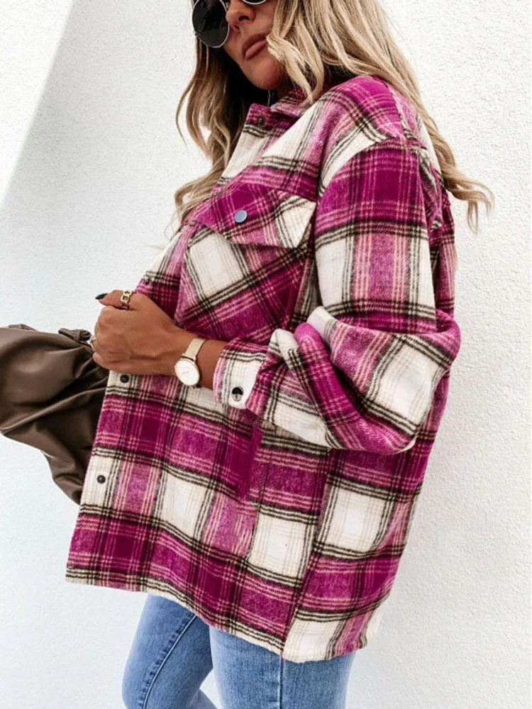 Blend Wool Brushed Plaid Pattern Shacket Collared Flannel Shirt Jacket