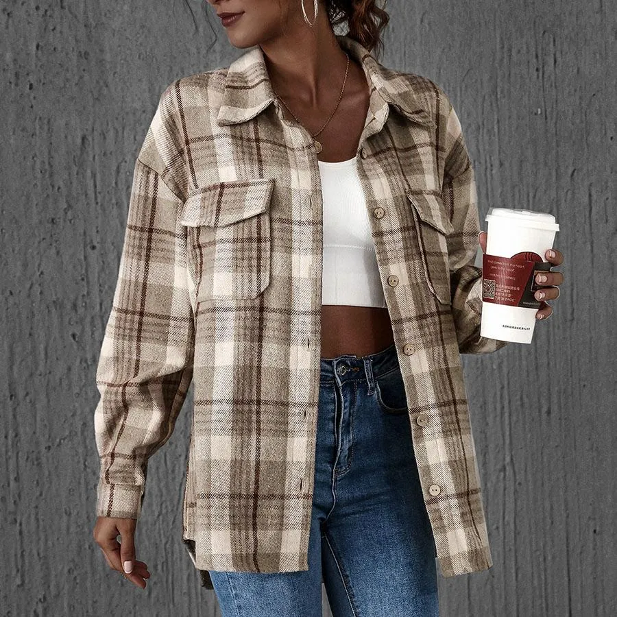Blend Wool Brushed Plaid Pattern Shacket Collared Flannel Shirt Jacket