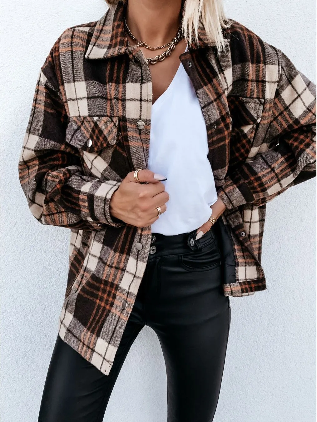Blend Wool Brushed Plaid Pattern Shacket Collared Flannel Shirt Jacket