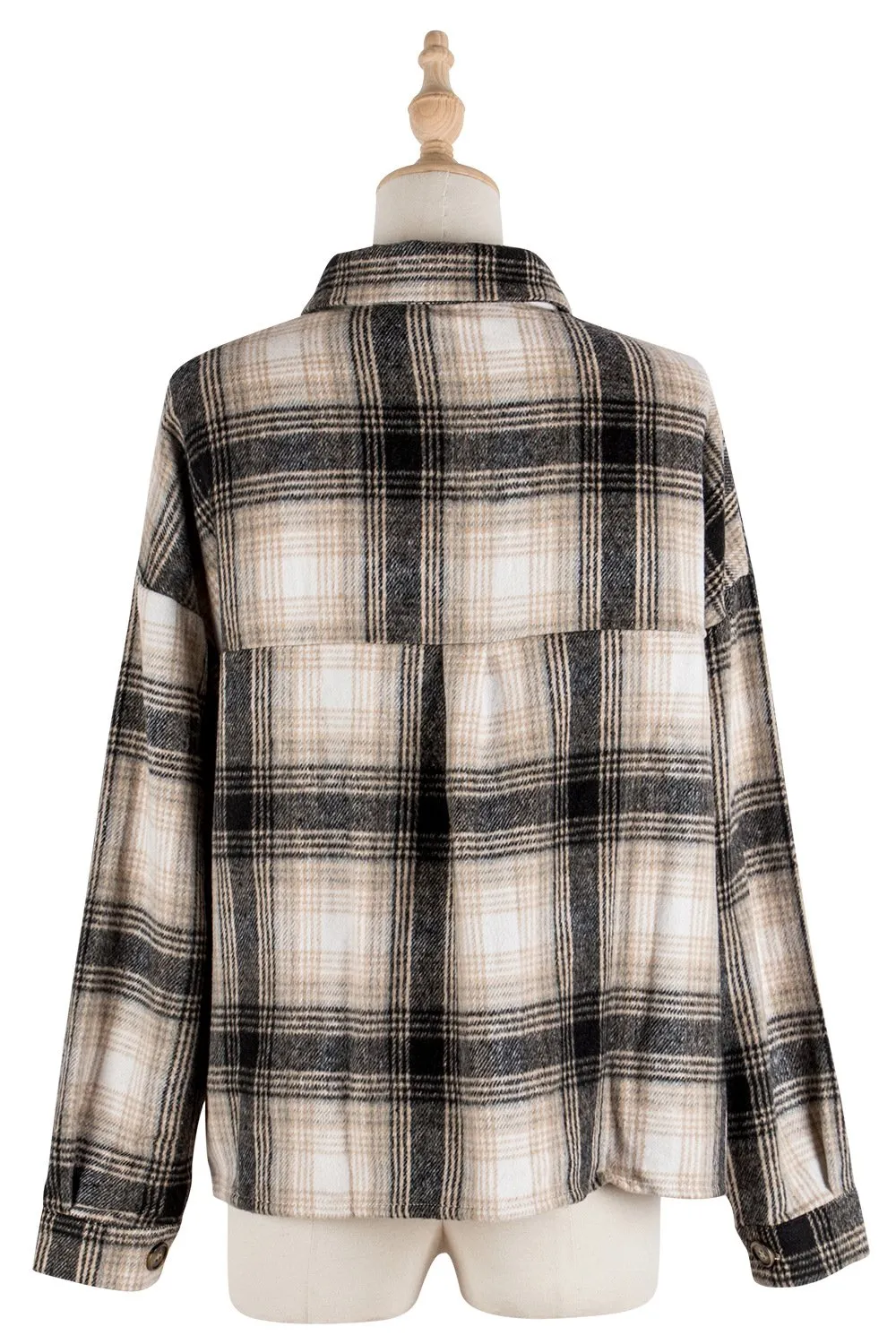 Blend Wool Brushed Plaid Pattern Shacket Collared Flannel Shirt Jacket