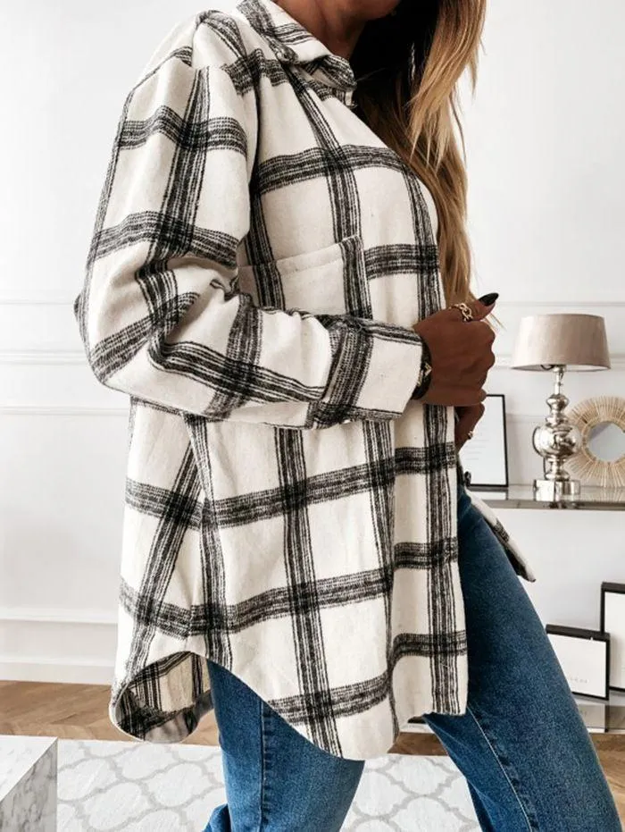 Blend Wool Brushed Plaid Pattern Shacket Collared Flannel Shirt Jacket