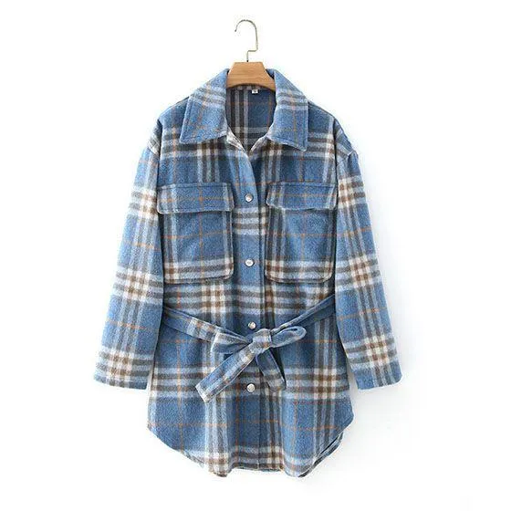 Blend Wool Brushed Plaid Pattern Shacket Collared Flannel Shirt Jacket