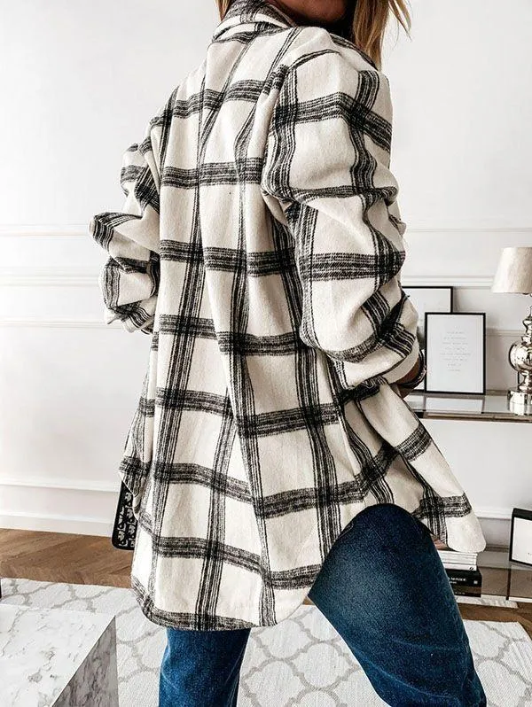 Blend Wool Brushed Plaid Pattern Shacket Collared Flannel Shirt Jacket