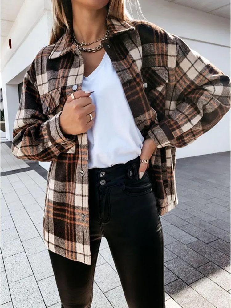 Blend Wool Brushed Plaid Pattern Shacket Collared Flannel Shirt Jacket