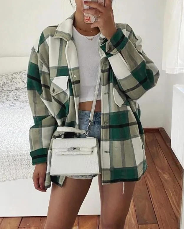 Blend Wool Brushed Plaid Pattern Shacket Collared Flannel Shirt Jacket