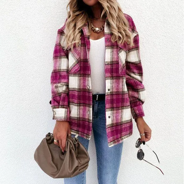 Blend Wool Brushed Plaid Pattern Shacket Collared Flannel Shirt Jacket
