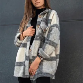 Blend Wool Brushed Plaid Pattern Shacket Collared Flannel Shirt Jacket