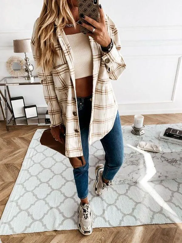 Blend Wool Brushed Plaid Pattern Shacket Collared Flannel Shirt Jacket