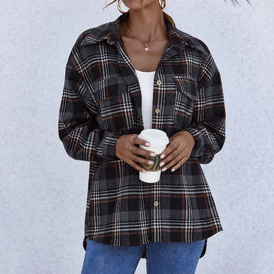 Blend Wool Brushed Plaid Pattern Shacket Collared Flannel Shirt Jacket
