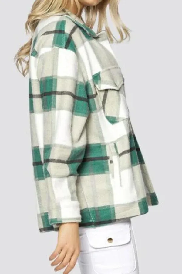 Blend Wool Brushed Plaid Pattern Shacket Collared Flannel Shirt Jacket
