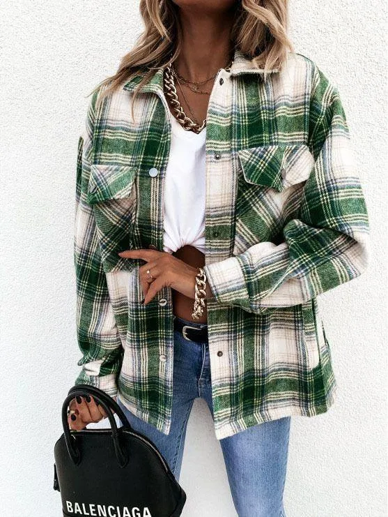 Blend Wool Brushed Plaid Pattern Shacket Collared Flannel Shirt Jacket