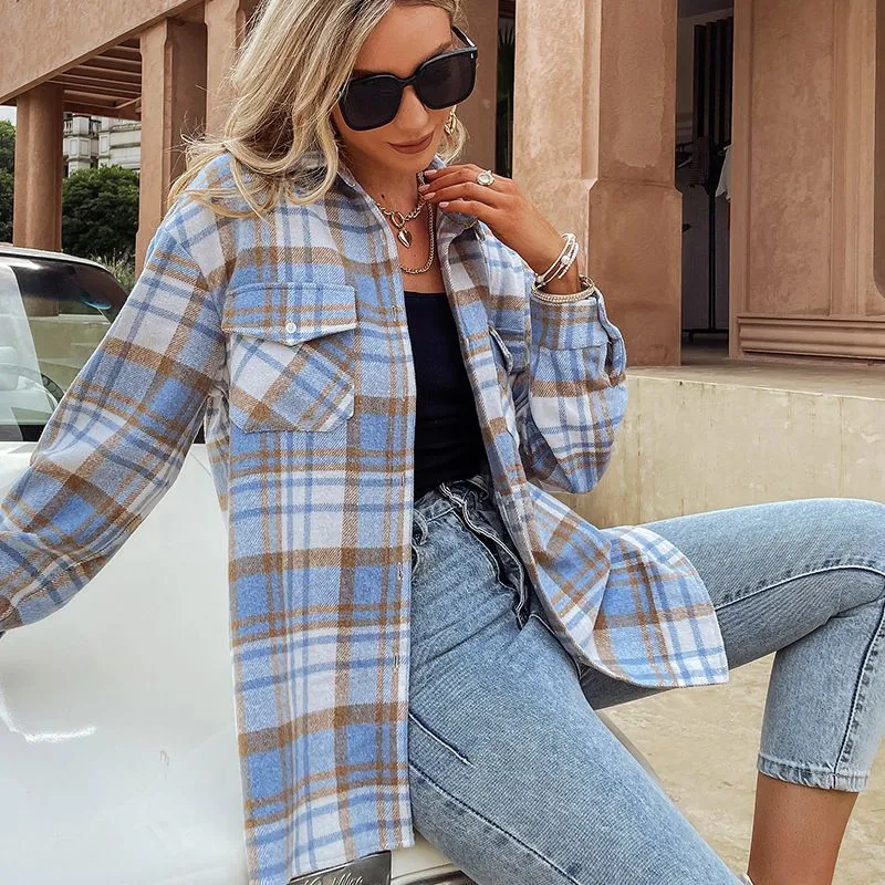 Blend Wool Brushed Plaid Pattern Shacket Collared Flannel Shirt Jacket
