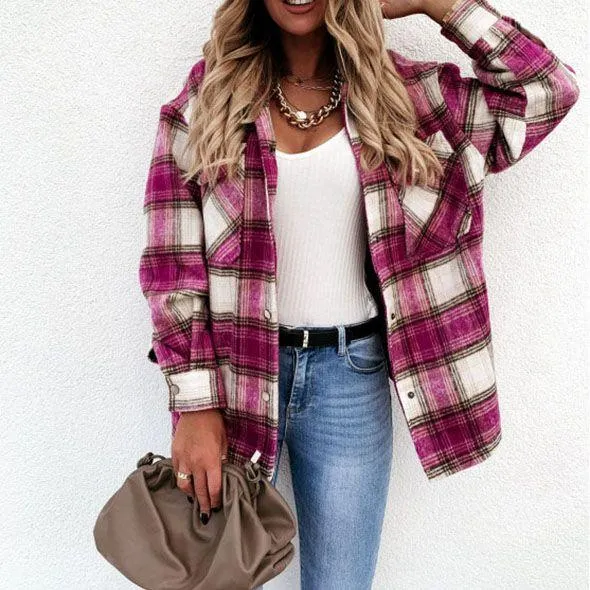 Blend Wool Brushed Plaid Pattern Shacket Collared Flannel Shirt Jacket