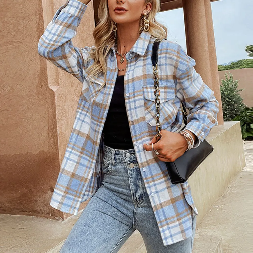 Blend Wool Brushed Plaid Pattern Shacket Collared Flannel Shirt Jacket