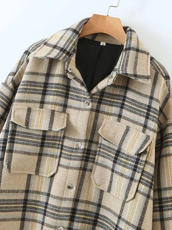 Blend Wool Brushed Plaid Pattern Shacket Collared Flannel Shirt Jacket