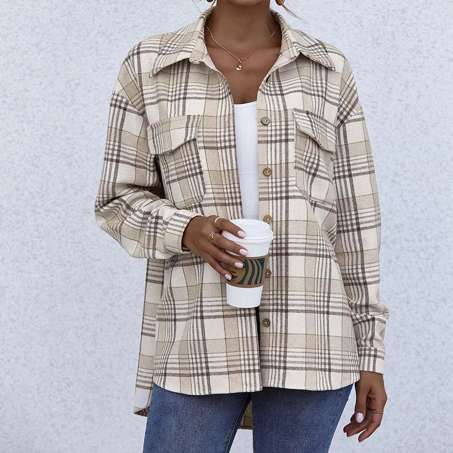Blend Wool Brushed Plaid Pattern Shacket Collared Flannel Shirt Jacket