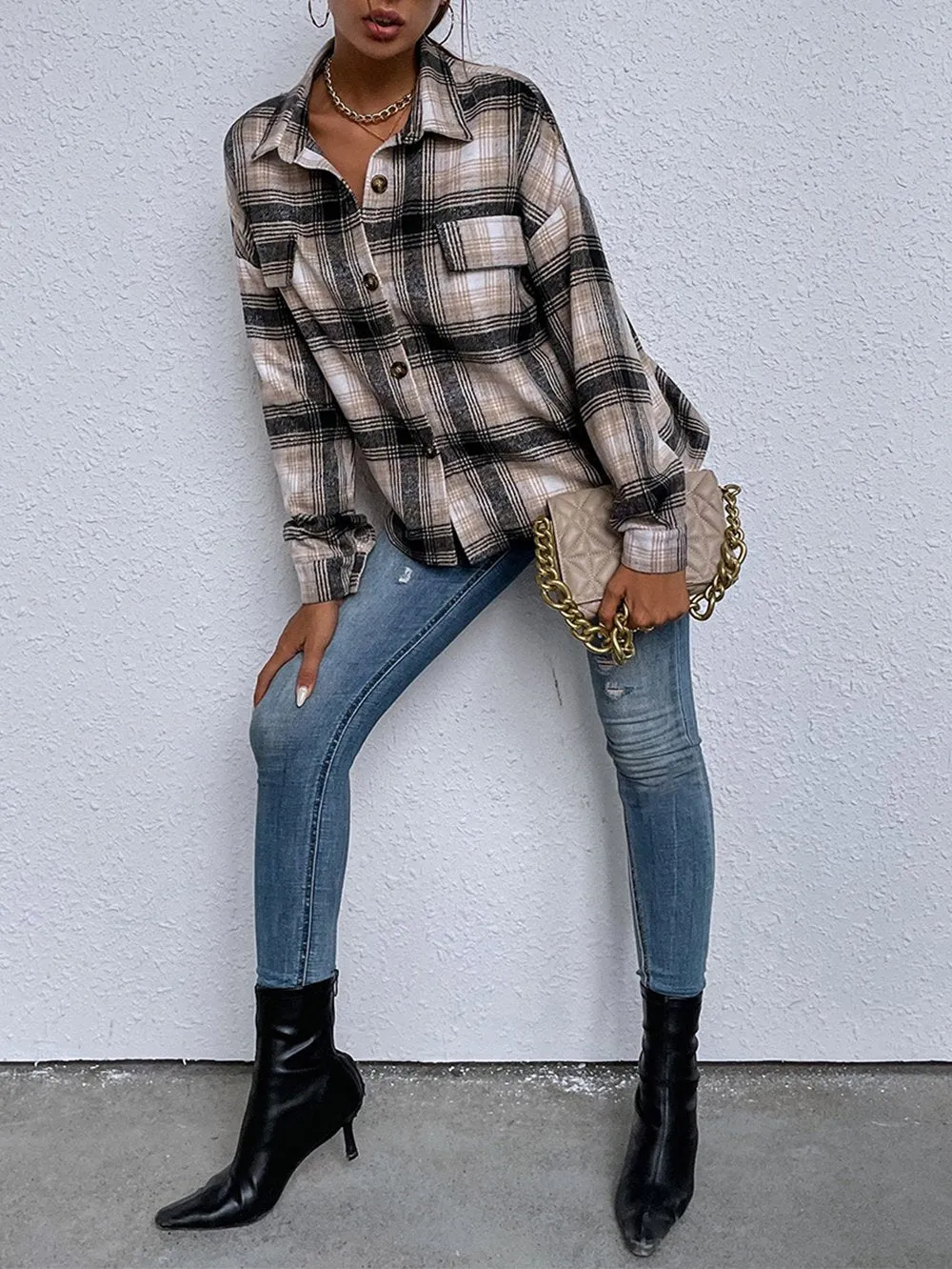Blend Wool Brushed Plaid Pattern Shacket Collared Flannel Shirt Jacket