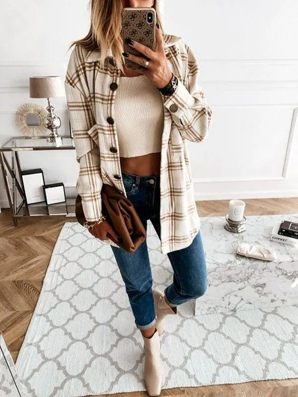 Blend Wool Brushed Plaid Pattern Shacket Collared Flannel Shirt Jacket