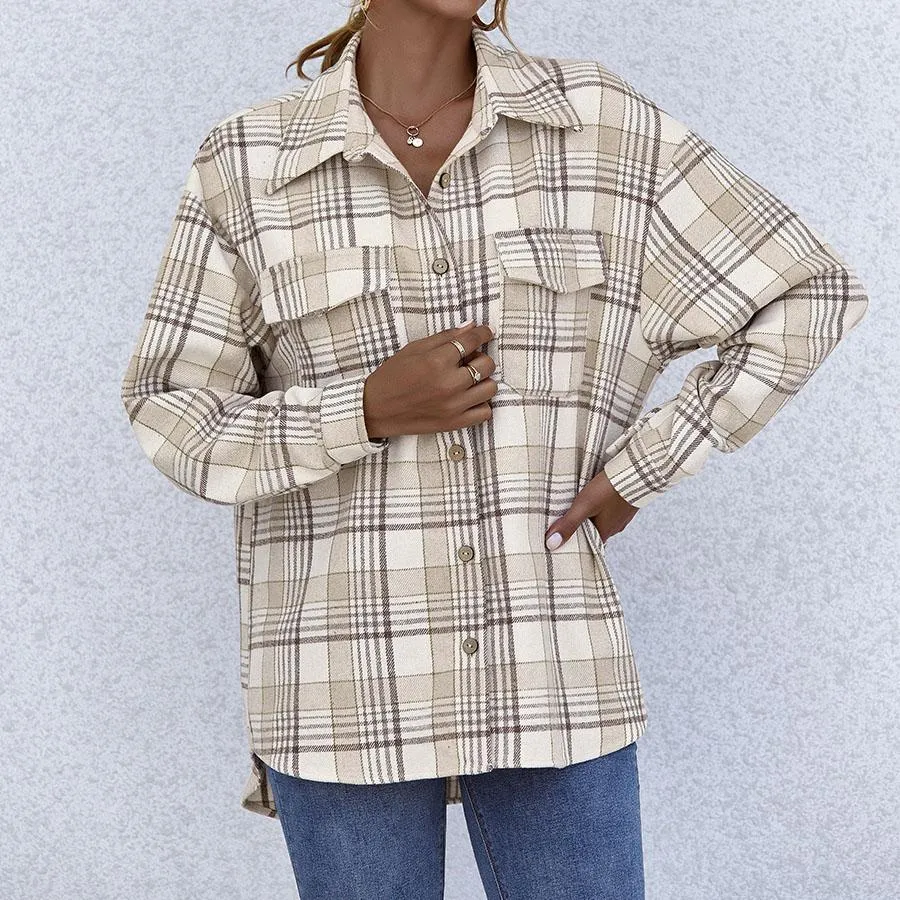 Blend Wool Brushed Plaid Pattern Shacket Collared Flannel Shirt Jacket