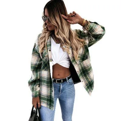 Blend Wool Brushed Plaid Pattern Shacket Collared Flannel Shirt Jacket