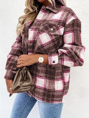 Blend Wool Brushed Plaid Pattern Shacket Collared Flannel Shirt Jacket