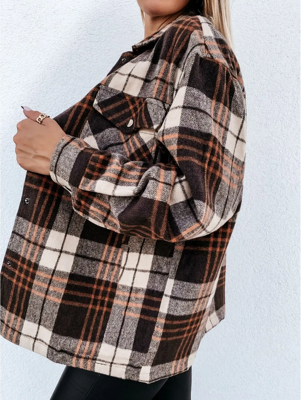 Blend Wool Brushed Plaid Pattern Shacket Collared Flannel Shirt Jacket